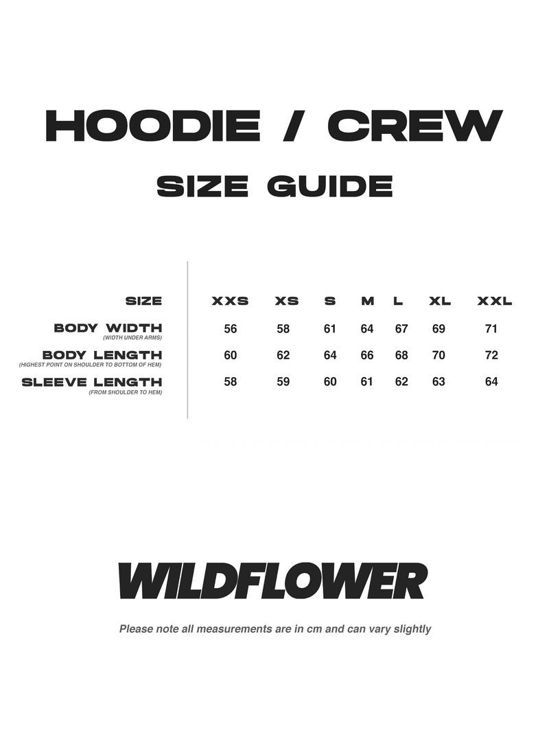 Size Guide for Wildflower Racing Hoodie | Washed Grey